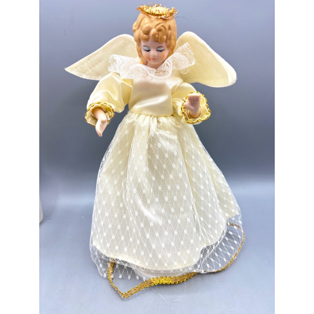 Vtg 80s Angel Christmas Musical Cream Satin Lace Gold Trim 9.5 Inch Figurine